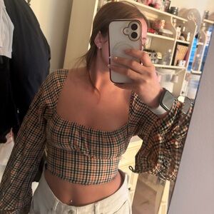 Plaid Square-Neck Puff Sleeve Crop Top - Brown/Black